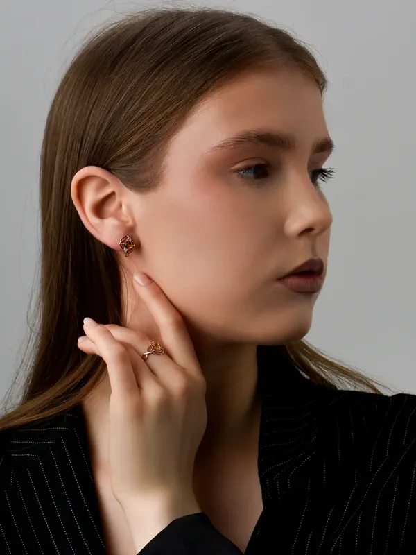 Серьги из серебра с цитрином и фианитом, золочение
