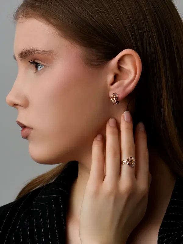 Серьги из серебра с цитрином и фианитом, золочение