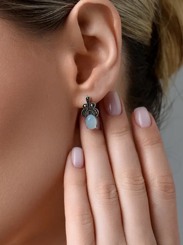 Серьги из серебра с с агатом и марказитом, оксид
