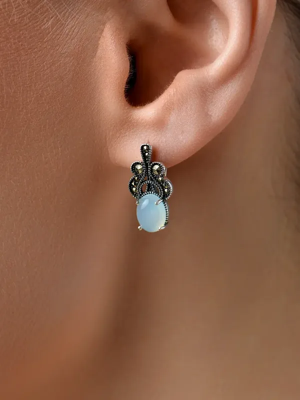 Серьги из серебра с с агатом и марказитом, оксид