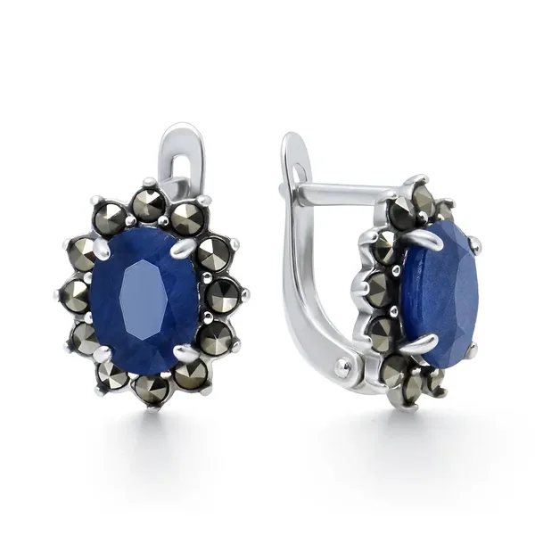 Серьги из серебра с сапфиром и марказитом, оксид