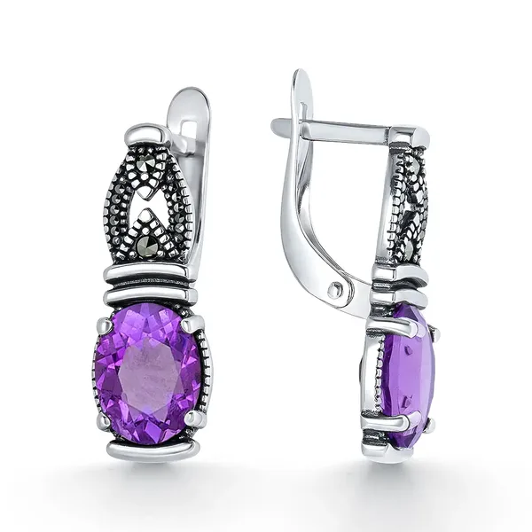 Серьги из серебра с аметистом и марказитом, оксид