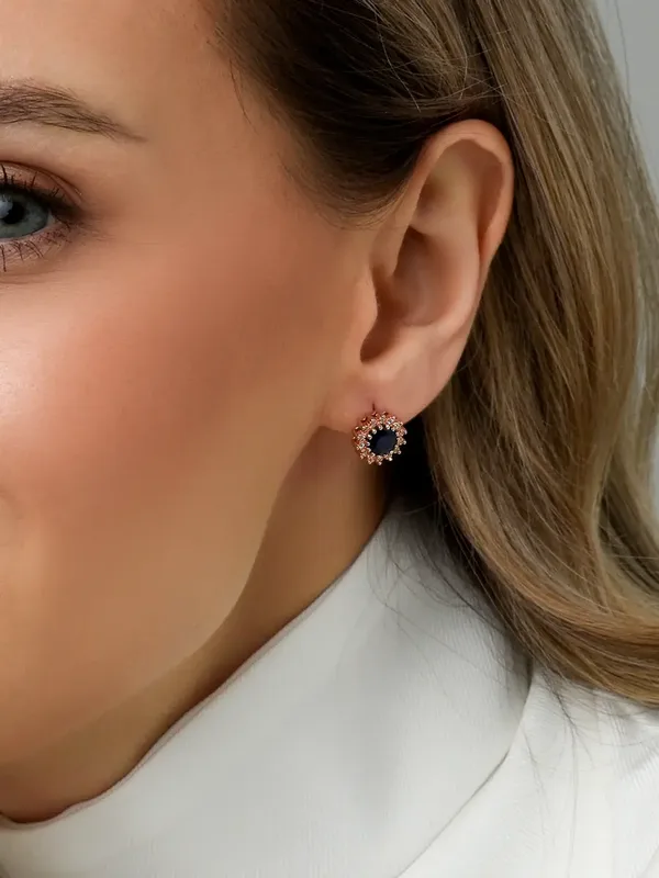 Серьги из серебра с сапфиром и фианитом, золочение