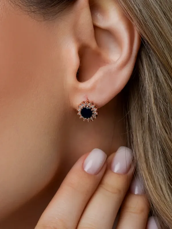 Серьги из серебра с сапфиром и фианитом, золочение