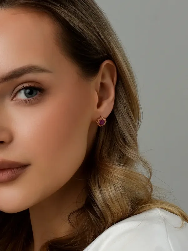 Серьги из серебра с рубином и фианитом, золочение