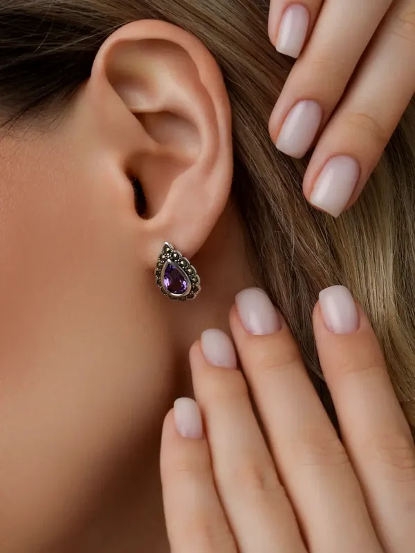 Серьги из серебра с аметистом и марказитом, оксид