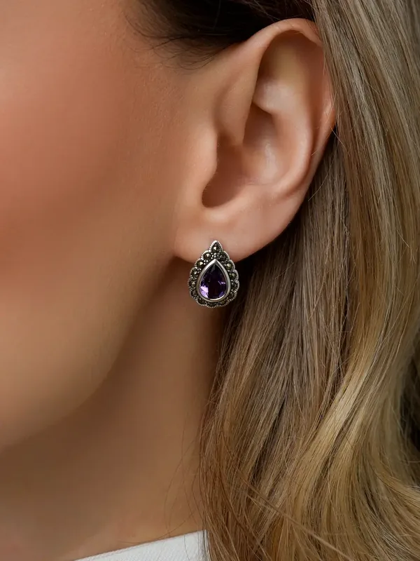 Серьги из серебра с аметистом и марказитом, оксид