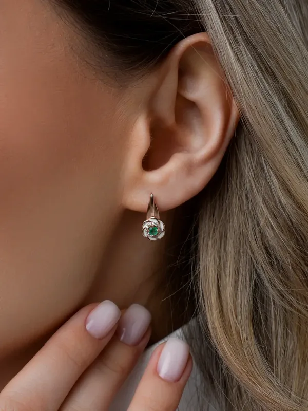 Серьги из серебра с изумрудом и фианитом, золочение/эмаль