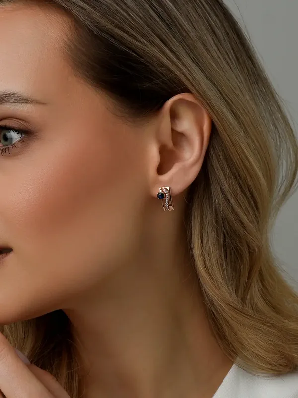 Серьги из серебра с сапфиром и фианитом, золочение