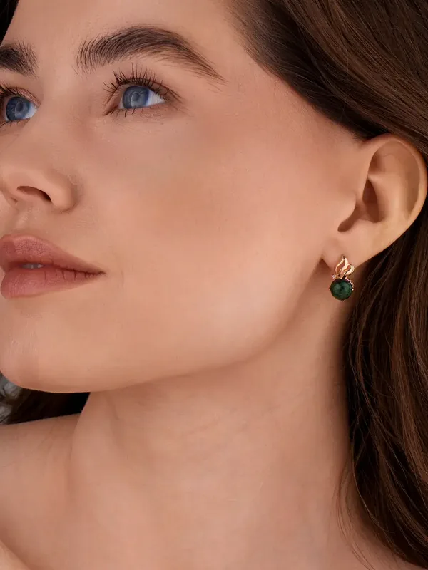 Серьги из серебра с цоизитом и фианитом, золочение