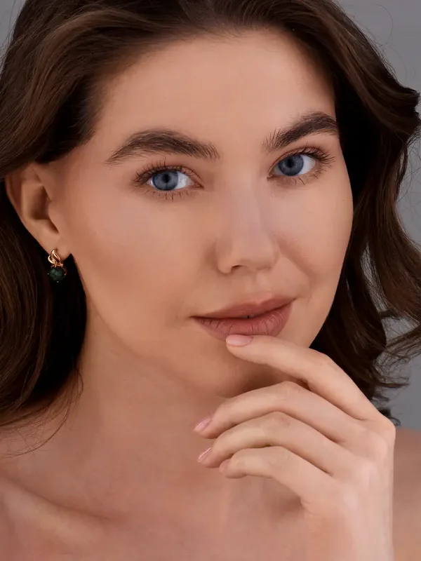 Серьги из серебра с цоизитом и фианитом, золочение