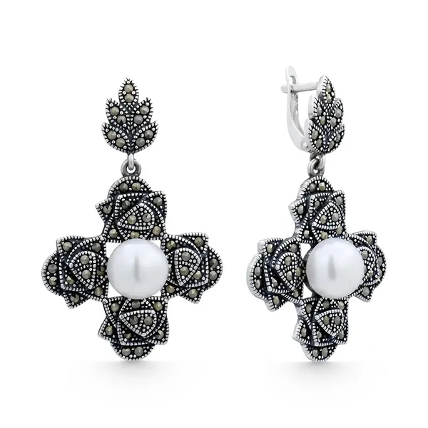 Серьги из серебра с жемчугом и марказитом, оксид