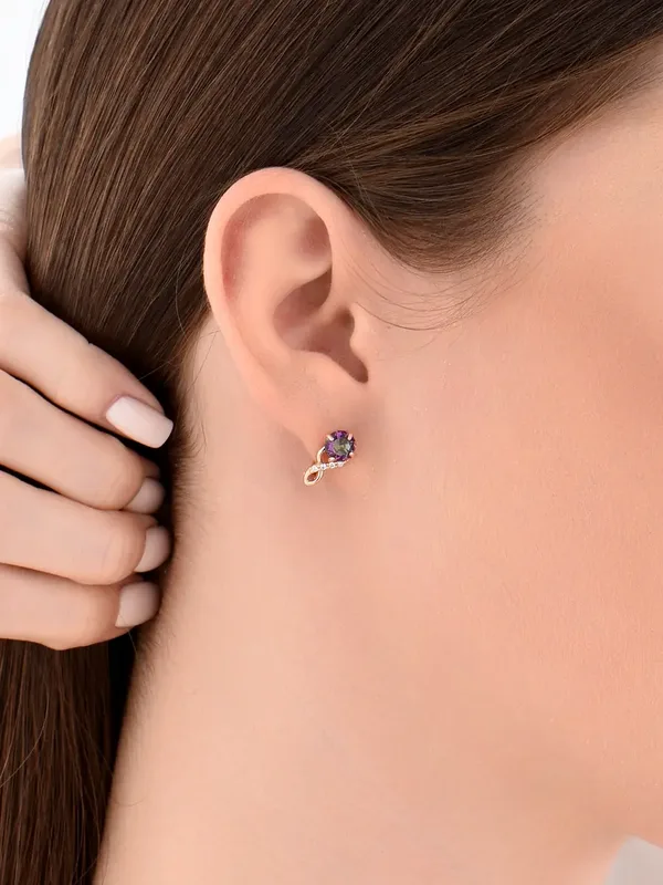 Серьги из серебра с плавленным кварцем, ювелирным кристаллом, фианитом и кварцем, золочение