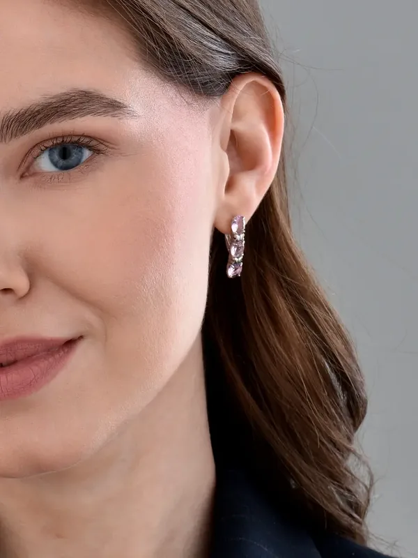 Серьги из серебра с плавленным кварцем и кварцем, родий
