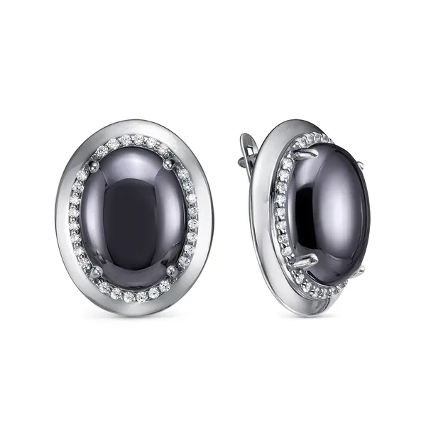 Серьги из серебра с гематитом и фианитом, оксид