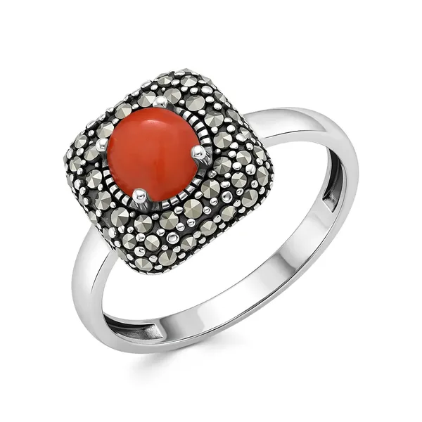 Кольцо из серебра с кораллом и марказитом, оксид