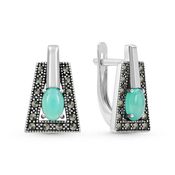 Серьги из серебра с с агатом и марказитом, оксид