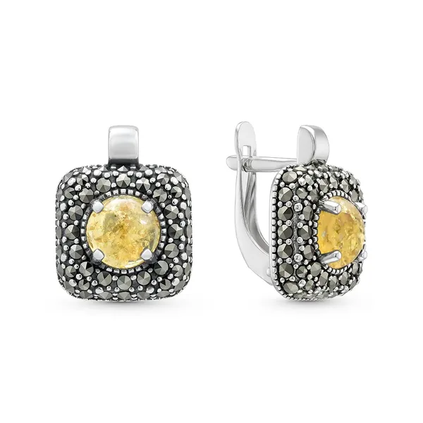 Серьги из серебра с марказитом и Янтарь, оксид
