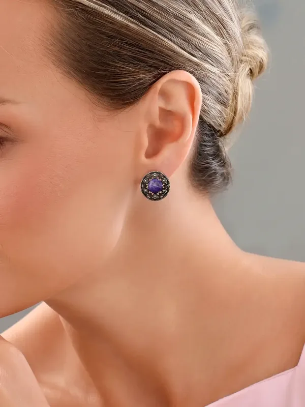 Серьги из серебра с чароитом и марказитом, оксид