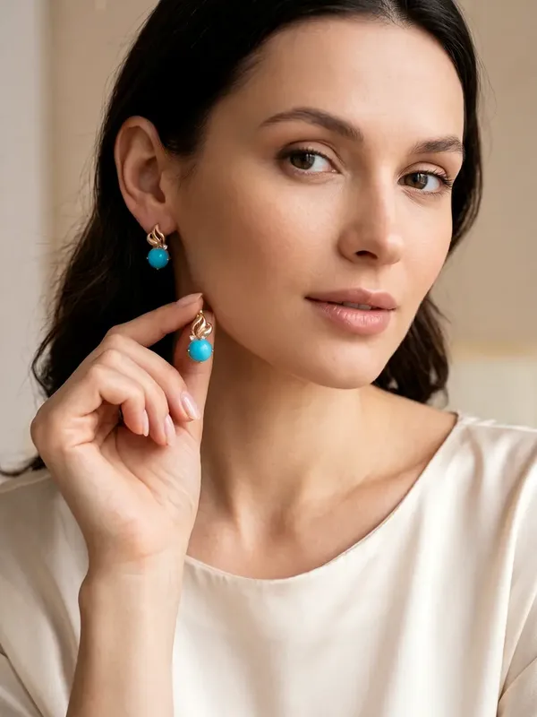 Серьги из серебра с бирюзой и фианитом, золочение