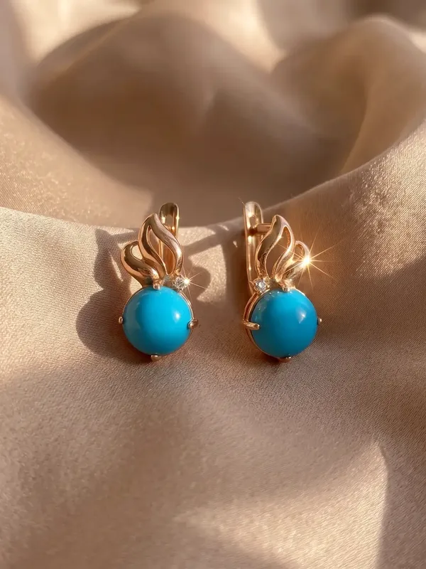 Серьги из серебра с бирюзой и фианитом, золочение