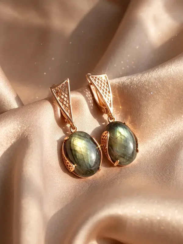 Серьги из серебра с лабрадоритом, золочение