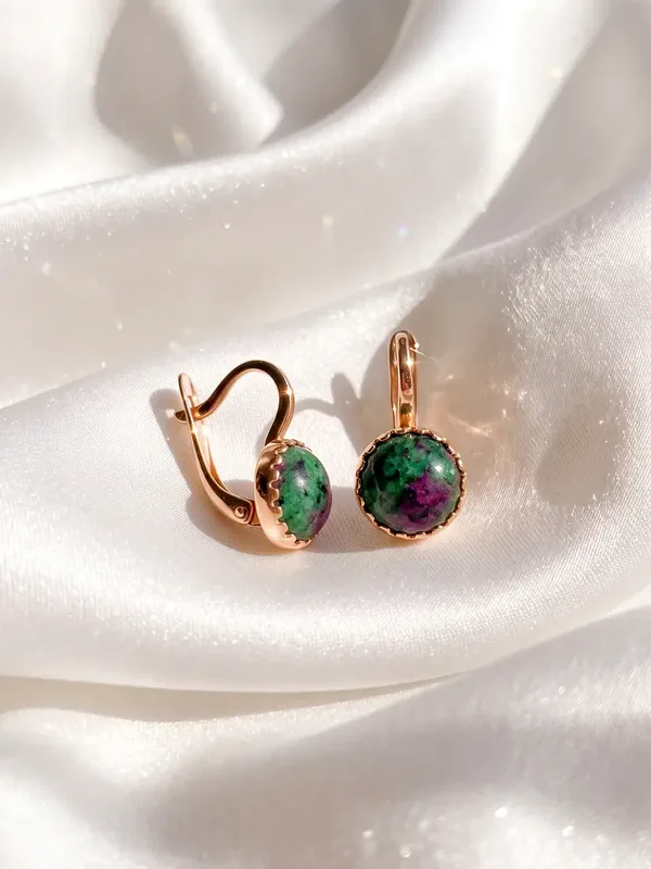 Серьги из серебра с цоизитом, золочение