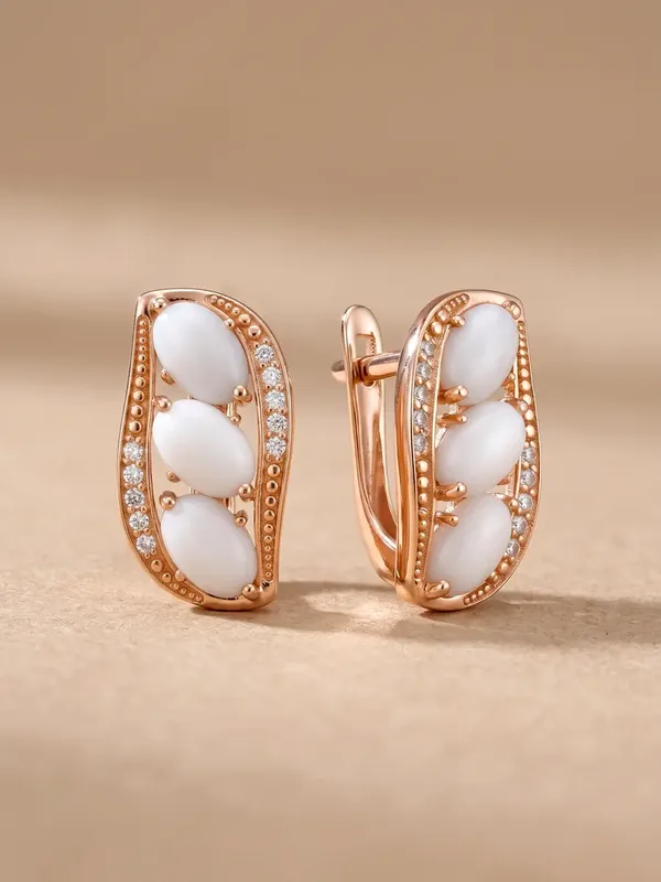 Серьги из серебра с с агатом и фианитом, золочение