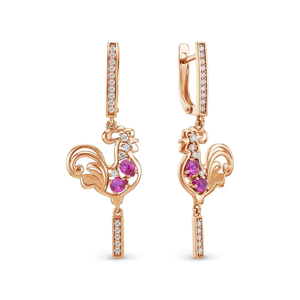 Серьги из серебра с рубином и фианитом, золочение