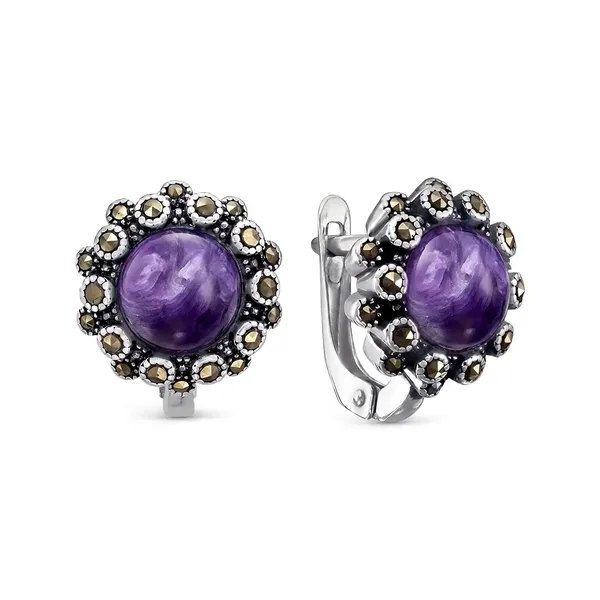 Серьги из серебра с чароитом и марказитом, оксид